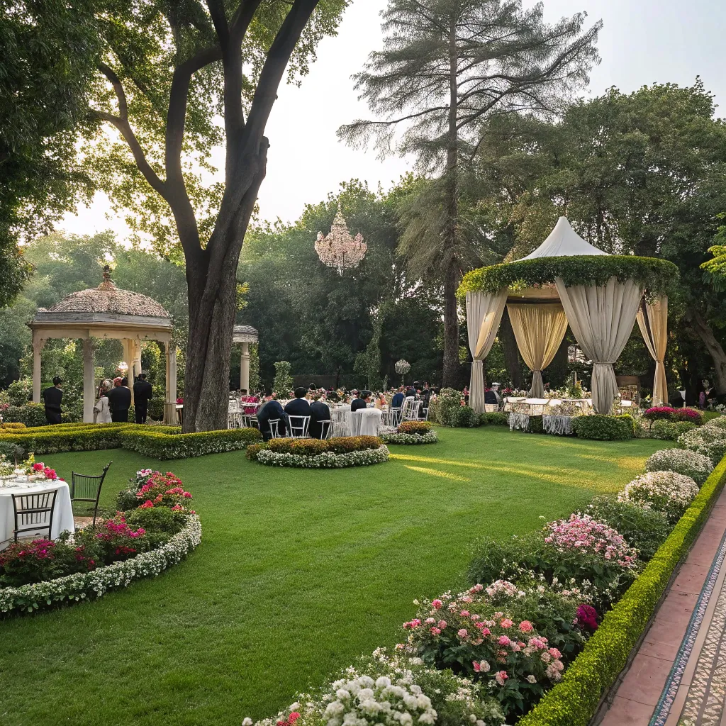 Lush garden setting for an elegant award ceremony at Greenery Hotel.