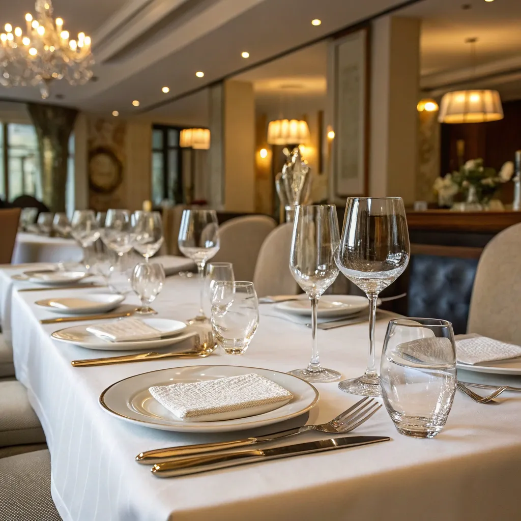 Elegant dining setup with sophisticated table settings at DYRIONEX restaurant.