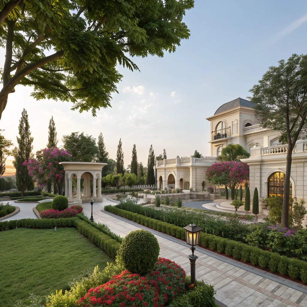 Exterior view of Greenery Haven with lush greenery and elegant architecture.
