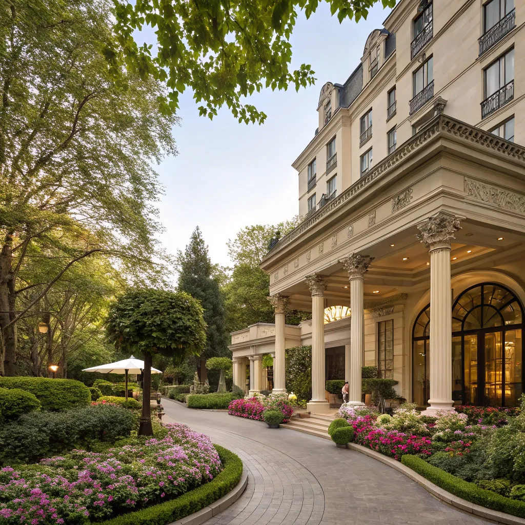 Elegant Hotel Exterior Surrounded by Greenery